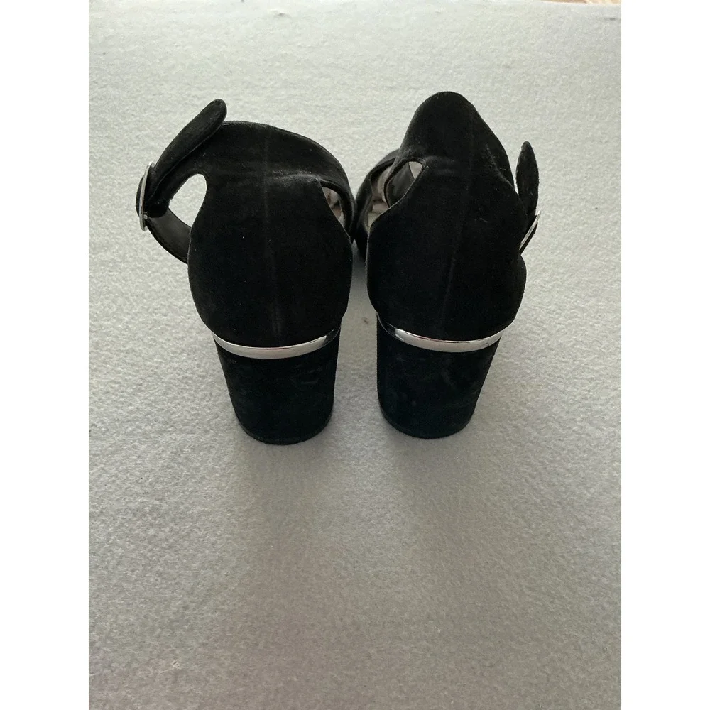 Nine West Block Heel Pumps Size 10M Black Suede Ankle Strap Metallic Trim